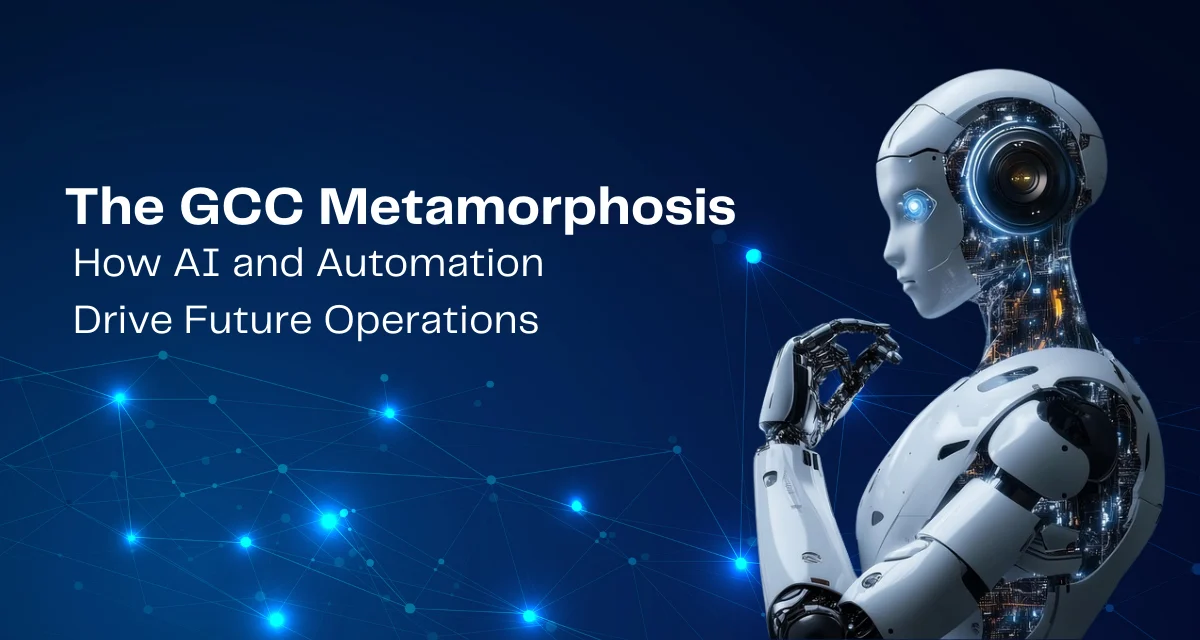 Infographic showing the four-stage evolution of Global Capability Centers using AI, Cloud, and RPA for operational excellence.