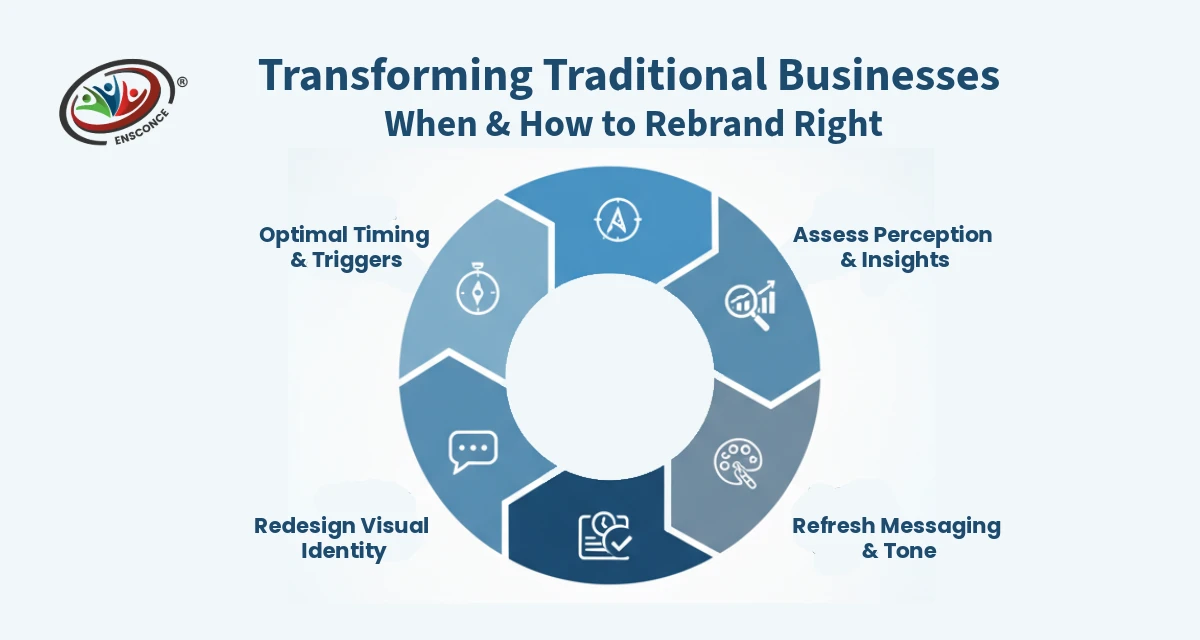 Infographic showing the process of rebranding traditional businesses with Ensconce’s strategic branding approach.